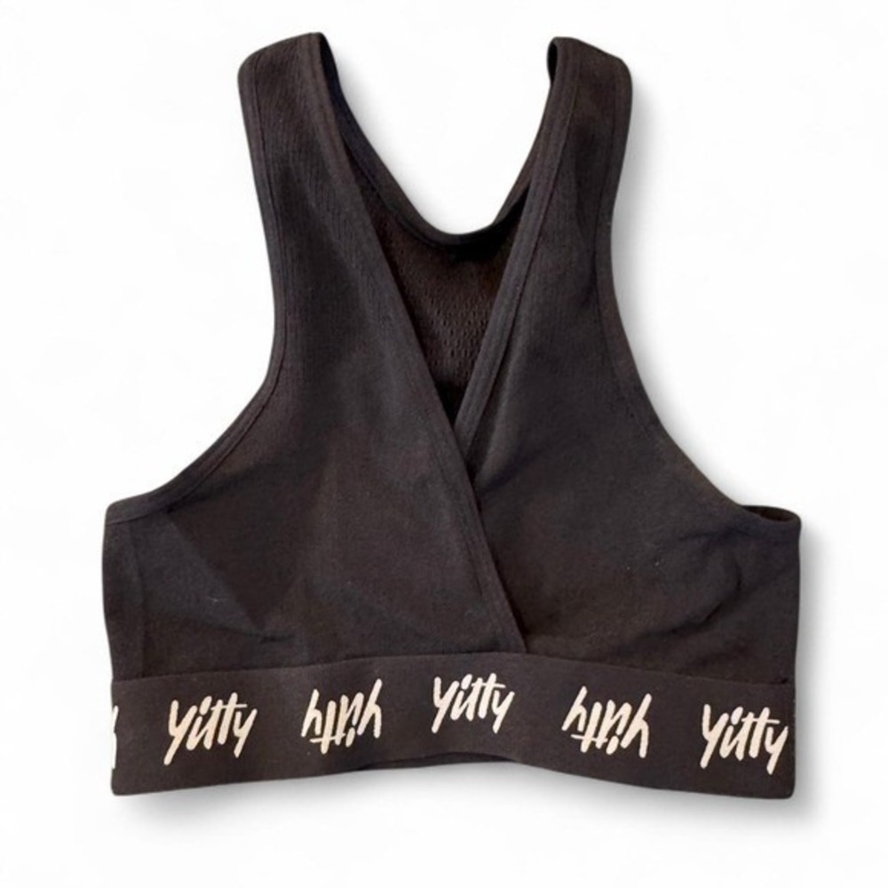 Yitty Lizzo Black Cross Front Mesh Racerback Sports Bra Logo Band Activewear